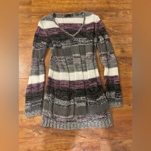 Ultra Flirt Gray and Purple Striped Sweater Dress